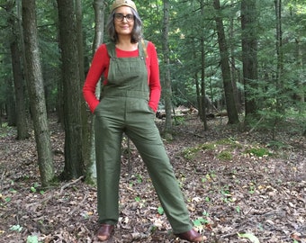 Sizes XS-XL - Olive Green Bib Overalls - full length in fair trade woven cotton