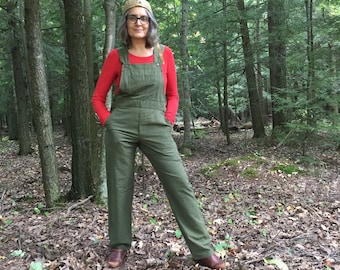 Sizes XS-XL - Olive Green Bib Overalls - full length in fair trade woven cotton