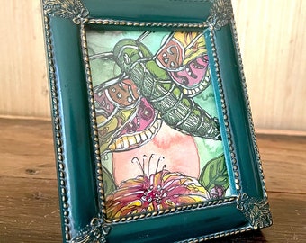 Miniature Painting - Passion Moth - 4.25 x 3.5" in a vintage frame