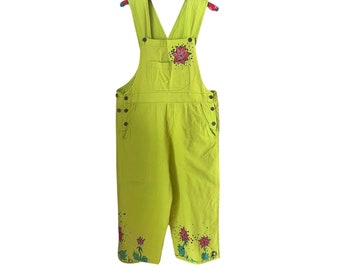 M/L Star Flowers - Hand Painted One of a Kind Chartreuse Cotton Overalls