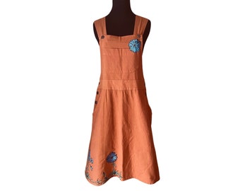 Size Small - Wild flowers- Terracotta Bib Dress - Knee Length - Smooth Fine Cotton Jumper