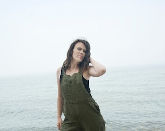 Sizes XS-XL - Olive Green Bib Romper, cropped length cotton bib overalls