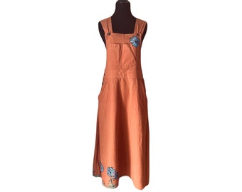 Size Small - Chicory Wildflowers - Terracotta Bib Dress in Maxi Length - Smooth Fine Cotton Long Jumper