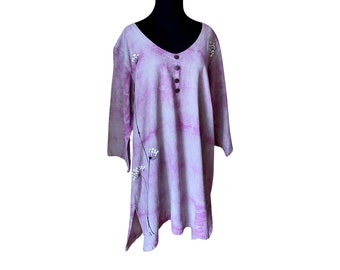 M//L Queen Anne's Purple Haze - Loose fitting V-neck cotton tunic - OOAK