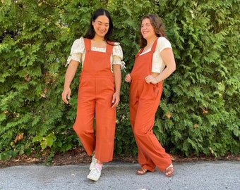 Sizes Small to 3X - Terracotta Bib Overalls in full and cropped length, fair trade woven cotton rompers