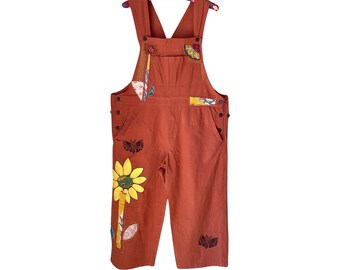 Size L-XL Sunflower Garden Terracotta Bib Romper - Collaged Mixed Media Wearable Art