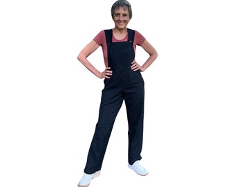 Black Cotton Overalls with full length pants available in XS to 5X - jumpsuits and rompers