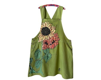 Size 4X -  Sunflower Bib Dress - One of A Kind Handpainted 100% cotton Bib Dress