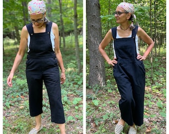 Black Bib Overalls - woven cotton, Cropped Leg Romper, XS to 3X