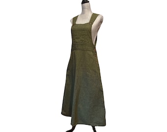 XS-4X - Tweedy Olive Green Maxi Bib Dress made with gorgeous hand woven Fair Trade cotton