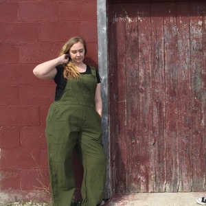 Sizes XS-XL Olive Green Bib Overalls full length in fair trade woven cotton image 3