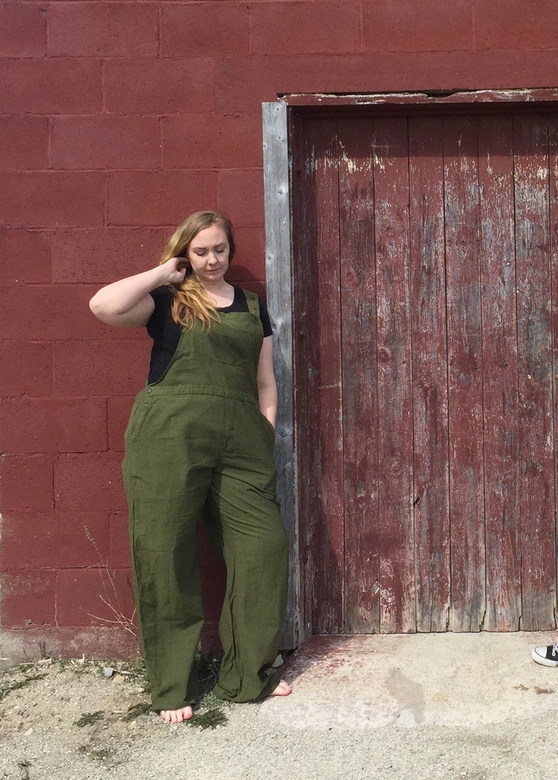 Sizes XS-XL Olive Green Bib Overalls full length in fair trade woven cotton image 3