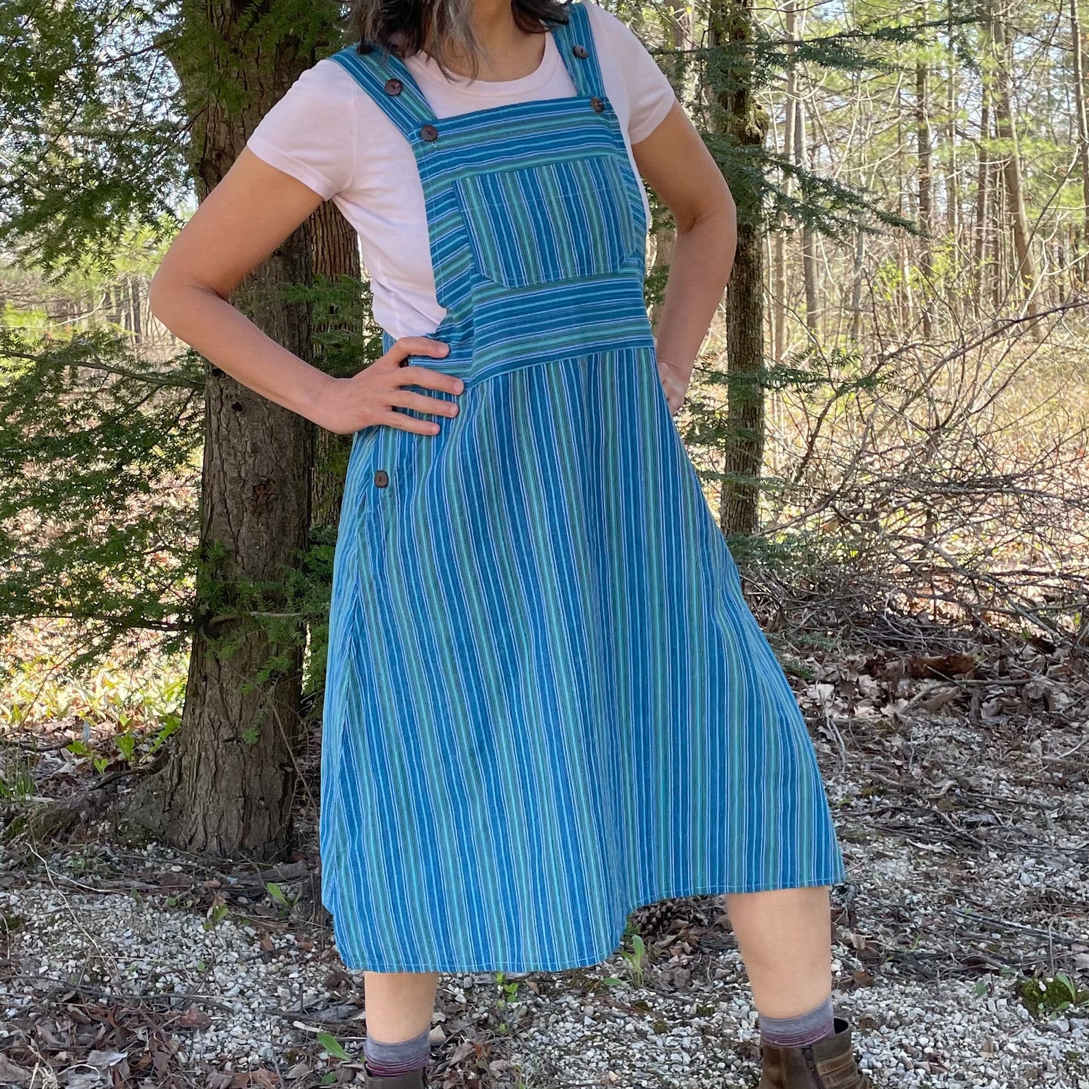 One Left Size Small Bib Overall Dress Turquoise Stripe Bib Etsy
