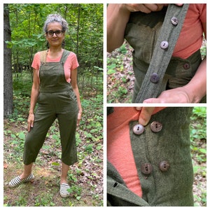 Sizes XS-XL - Olive Green Bib Romper, cropped length cotton bib overalls