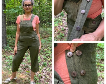 Sizes XS-XL - Olive Green Bib Romper, cropped length cotton bib overalls