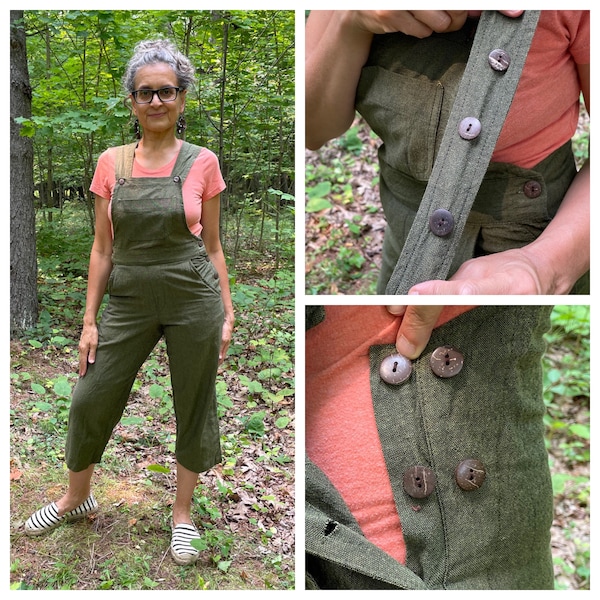 Sizes XS-XL - Olive Green Bib Romper, cropped length cotton bib overalls