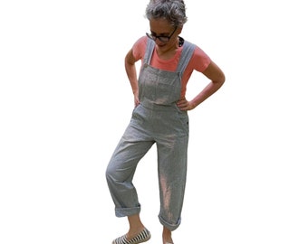 Sizes S to 2X - Full Length Bib Overalls in a Textured and Tweedy Grey Cotton Weave