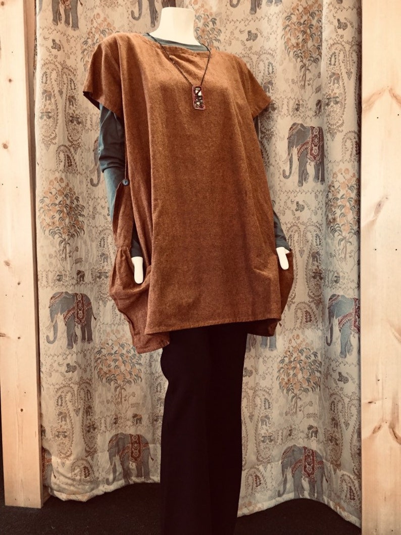 One Size fits M-3X Burnt Orange tweedy cotton top Golden Bronze Loose and Long Tunic with Big Pockets