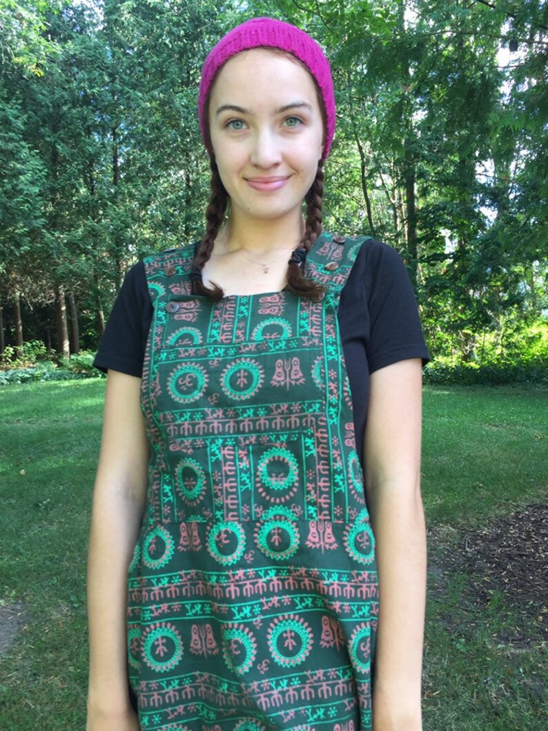 Bib Jumper with Om Print Cotton Bib Overall skirt for Yogis! Green Om-erall Dress
