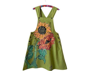 Size L/XL Sunflower Bib Dress - One of a Kind Handpainted Bib Dress