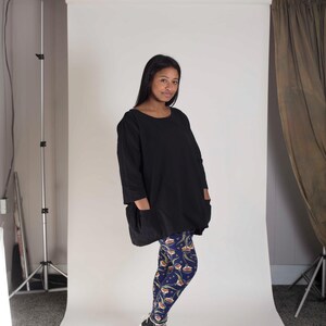 Black Tunic with Big Pockets - handmade fair trade cotton, One Size Roomy with short or half sleeves