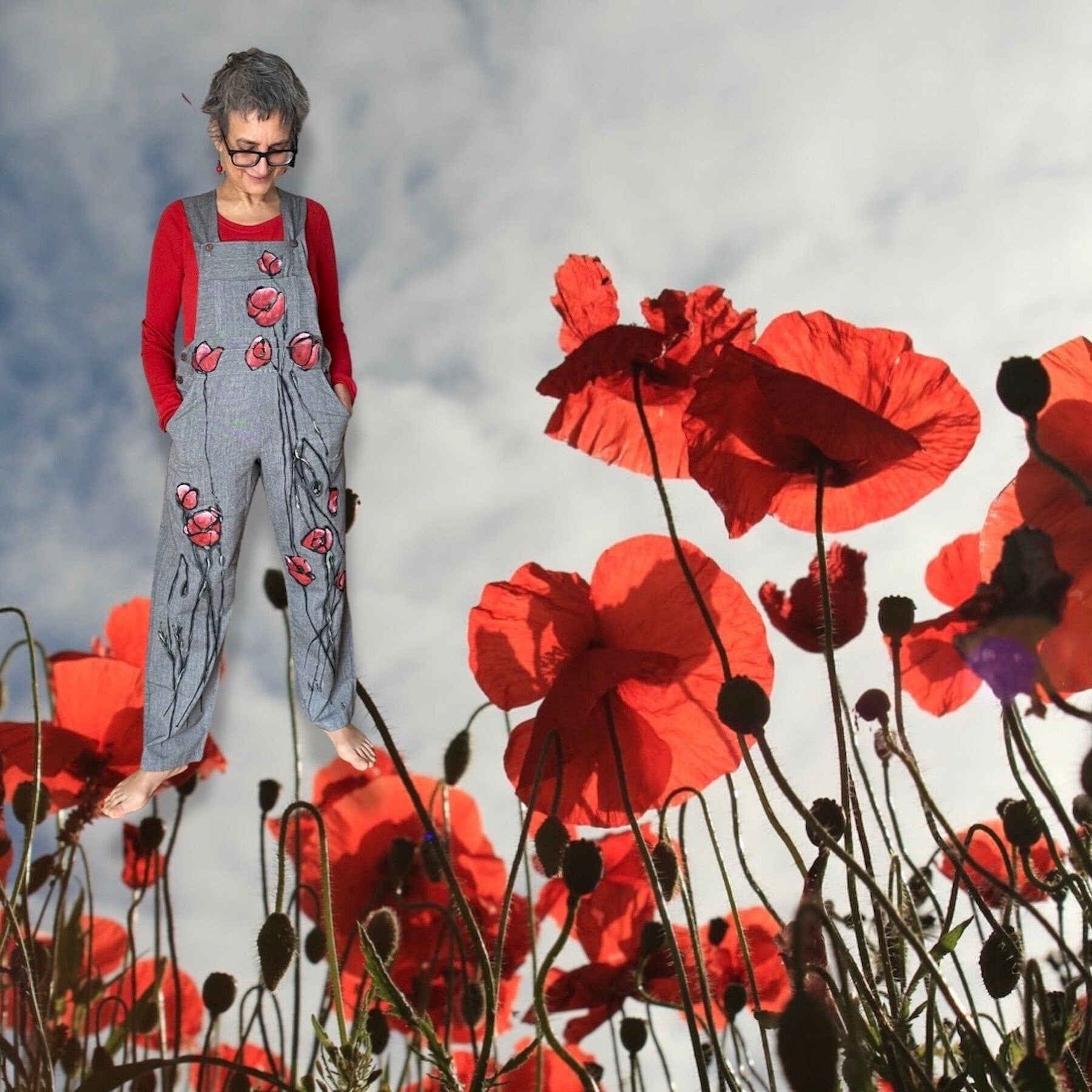Size M and 4X - Poppy Fields Forever - Hand Painted Overalls, fair trade cotton art bibs