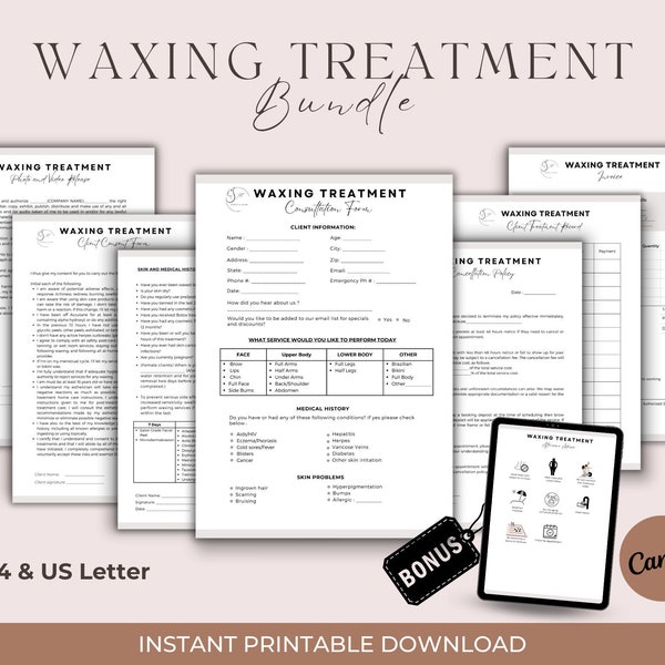 Waxing Consent Forms, Waxing Treatment Templates Bundle, Editable Waxing Consultation Forms, Esthetician Forms Bundle, Spa Client Intake