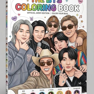 Peut inclure: Un livre de coloriage intitulé THE BTS COLORING BOOK OFFICIAL ARMY EDITION | COLOR YOUR BIAS. La couverture présente un portrait de groupe illustré et coloré de sept personnes dans diverses tenues, avec des icônes et des noms listés en bas.
