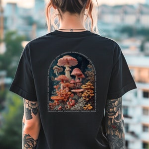 Mushroom Garden Women&#39;s T-Shirt, Psychedelic Hippie Shirt Design, Graphic Tees, Rave Clothes, FloralMushroom Trippy Art, Festival Wear