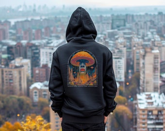 Sleepy Mushroom Hoodie, Hippie Psychedelic Sweatshirt, Graphic Hoodie, Rave Festival Clothes, Desert Landscape, Space, Trippy Design, UFO