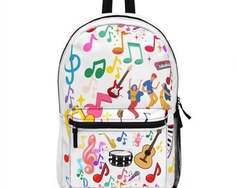 Whrite Backpack with music design | Durable Backpack | Waterproof Backpack | Adjustable Straps | Spacious Backpack | Music Themed Backpack