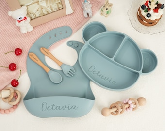 Personalized Baby Weaning Set, Silicone Bib for Baby, Feeding Set for Kids, Silicone Baby Plate, Baby Eating Dishes Set, Baby Shower Gifts