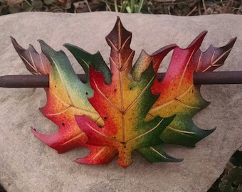 Leather layered red oak barrette