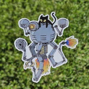 May include: A black and white cartoon illustration of a robot with a black cat sitting on its head. The robot has a circular body with a large, round head and multiple arms and legs. The robot is wearing a jetpack and has a circular saw on one arm. The robot is in a flying pose with its arms and legs outstretched.