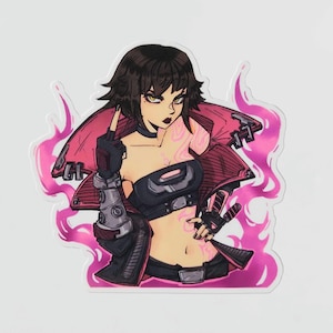 May include: A sticker featuring a stylized illustration of a woman with short dark hair, wearing a black crop top, red jacket, and fingerless gloves. The artwork includes pink accents and a gesture with a raised finger.