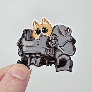 May include: A cartoon sticker of a cute orange cat wearing a gray and black robot suit. The robot suit has the text "MEOW-TEC" on the front.