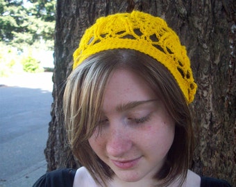 Bright yellow trilobite tam crochet lace beret in acrylic