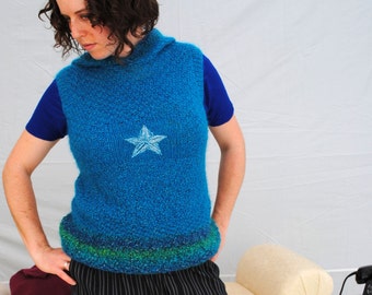 Sweater vest with hood and embroidered silver star in peacock blue ultramarine teal aqua mohair size medium or large