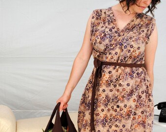 Cotton wrap dress in cherry blossom batik print with belt in brown, orange, purple - size medium, large, extra large