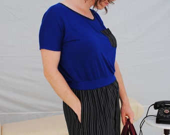 Upcycled one of a kind modern dress in royal blue and black pinstripes with shirt hem, pockets and buttons size large or extra large