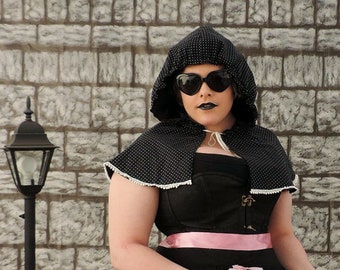 Janet Capuche - black cotton hooded capelet gothic lolita accessory with ball fringe