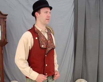 Men’s military-inspired double-breasted vest waistcoat in rust red cotton twill and floral paisley print cotton one of a kind