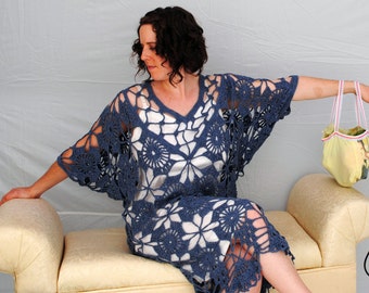 Crochet lace dress denim blue mid-calf or tea-length V neck Thoroughly Modern Starburst medium large plus-size