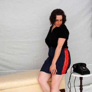 Blue denim Rockabilly skirt with revealing red lace panels medium large image 1