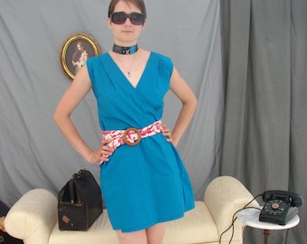 Wrap dress in bright turquoise blue cotton, mid-thigh length, two belts, size small medium