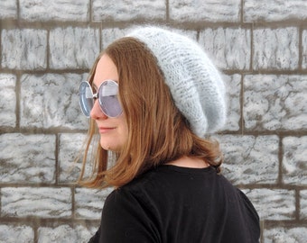 Pastel baby blue mohair handmade knitted slouchy beanie