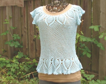 Lace crochet top in aqua blue green with pineapple motif size medium or large