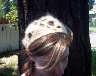 Pastel yellow mohair crocheted tam lace beret