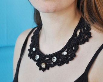 Black hemp necklace with vintage glass and rhinestone buttons