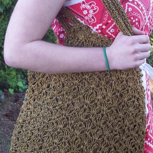 Brown and sparkly gold tote bag crochet with paper and lined in cotton